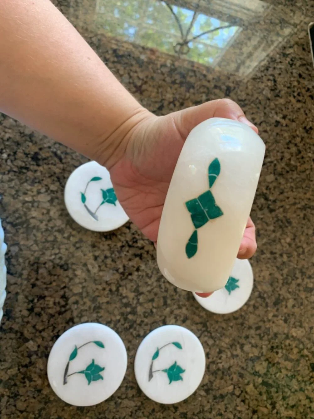 5 Coaster, 6 Piece Marble Coaster Set With Gemstone Inlay from Sri Lanka